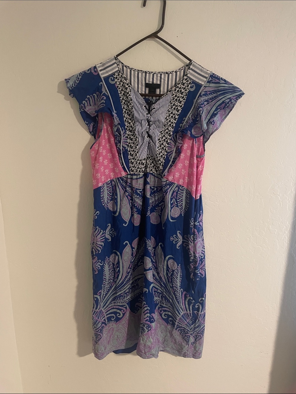 J. Crew Blue and White Striped Top with Navy Paisley Trim